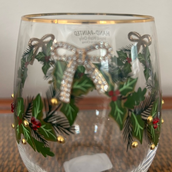 Stemless Wine Glasses Christmas Poinsettia Hand Painted W/Gold Rim SET 2 - Picture 2 of 4
